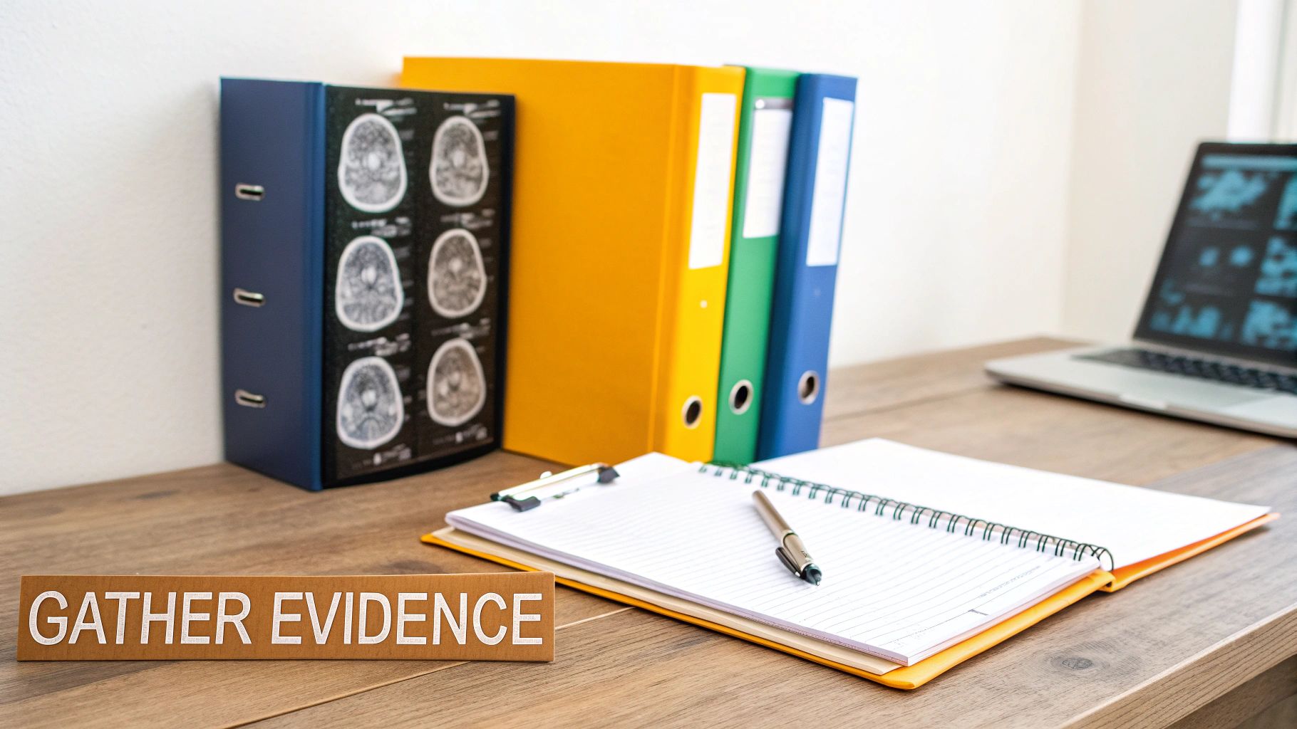 A desk with organized legal documents, a pen, and glasses, suggesting careful case preparation.