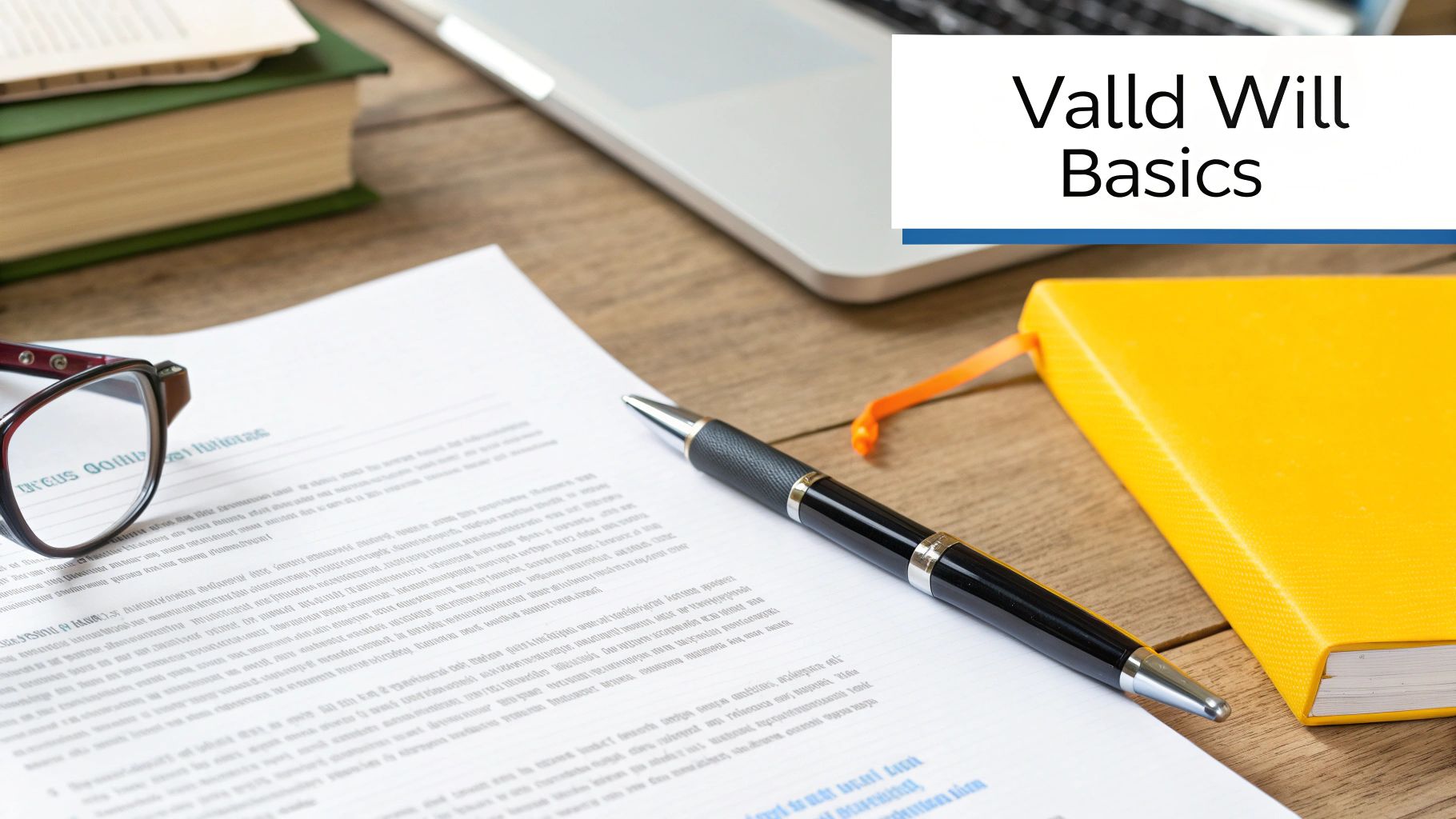 Desk setup with legal documents, a pen, glasses, and a book, featuring "Valid Will Basics" text.