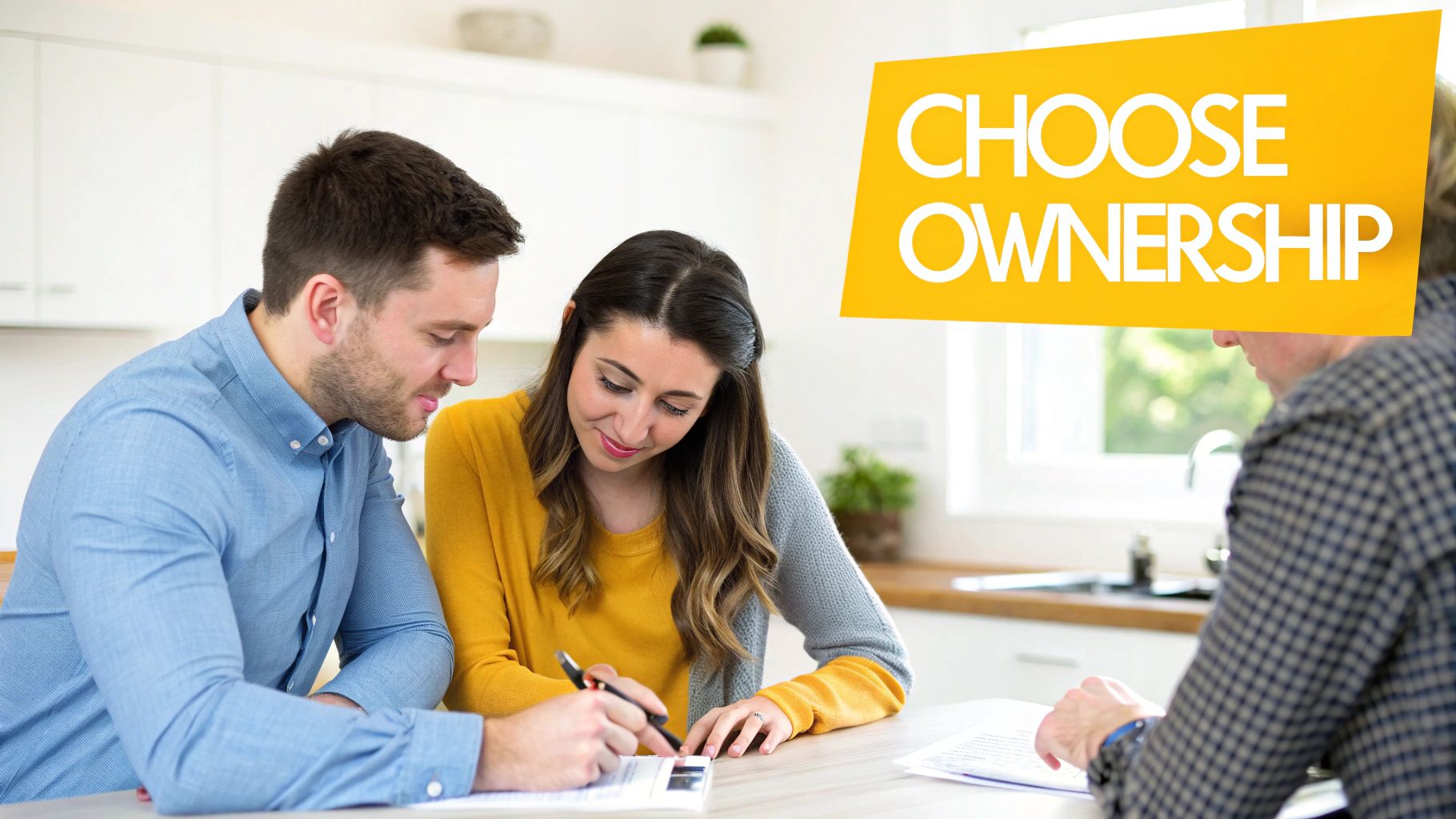 A young couple signs property documents with a real estate advisor in a modern home.