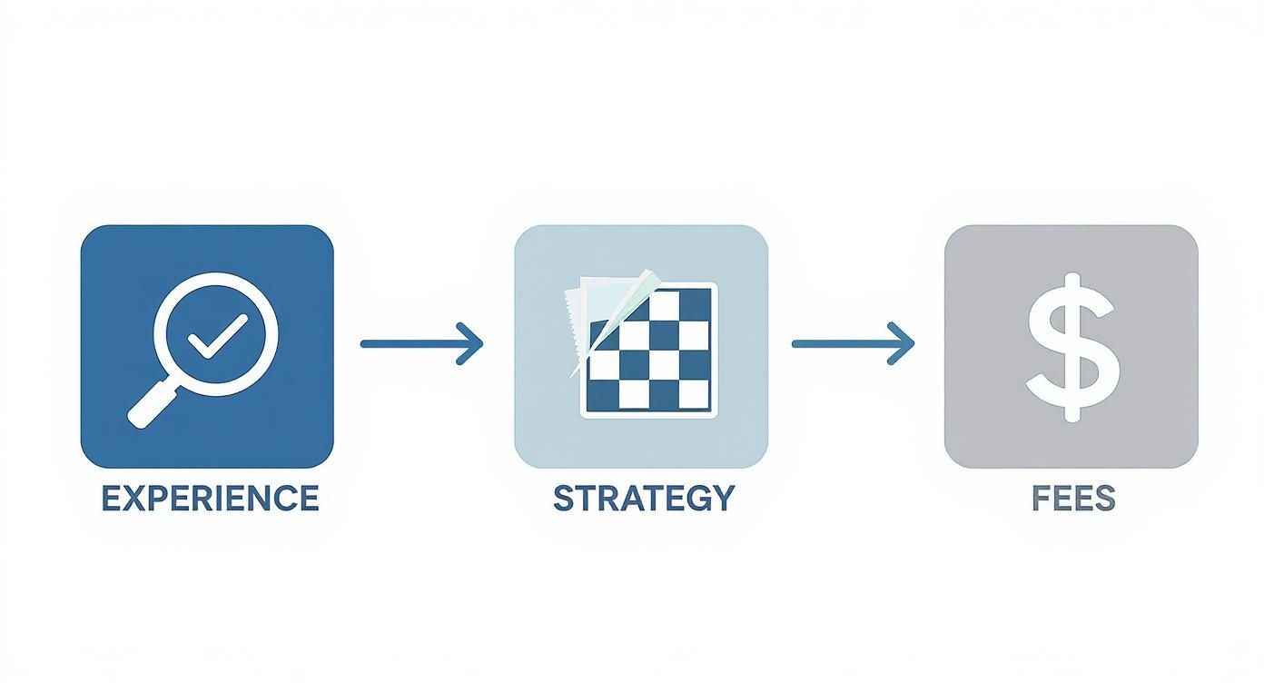 Infographic showing the process flow for evaluating a lawyer based on experience, strategy, and fees.