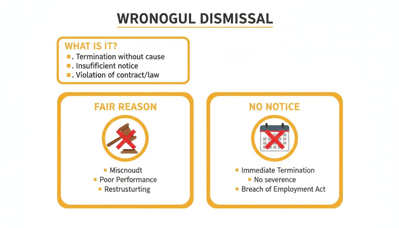 An infographic explaining wrongful dismissal, defining it, outlining fair reasons, and consequences of no notice.