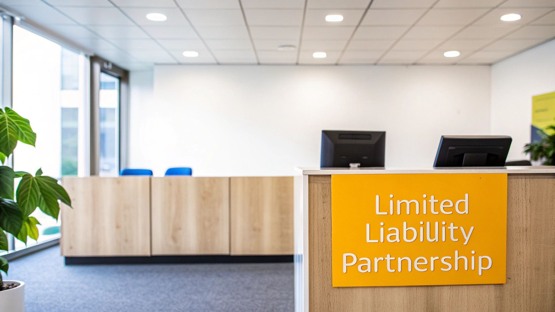 A modern office reception desk features a prominent "Limited Liability Partnership" sign.