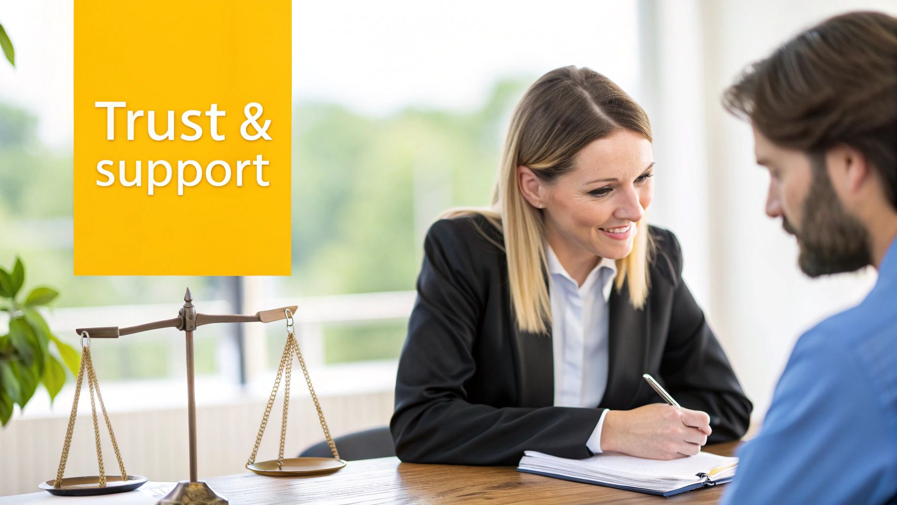 A compassionate lawyer having a conversation with a client in a bright, welcoming office space.