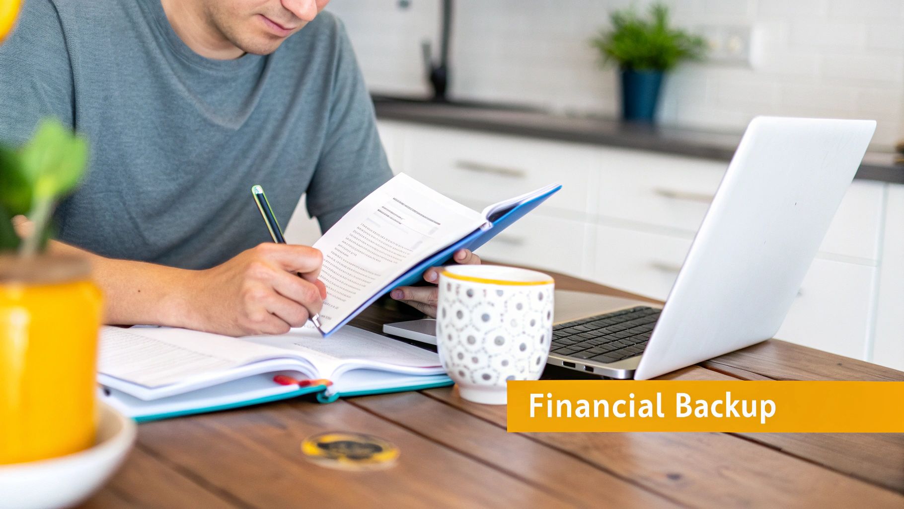 A person reviews documents and writes notes, with a laptop, reflecting on financial backup.