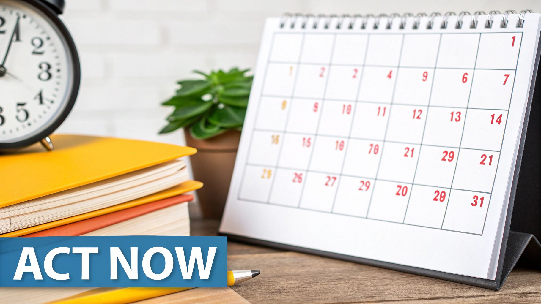 A desk with an alarm clock, books, and a calendar, overlaid with an 'ACT NOW' banner, symbolizing urgency and deadlines.