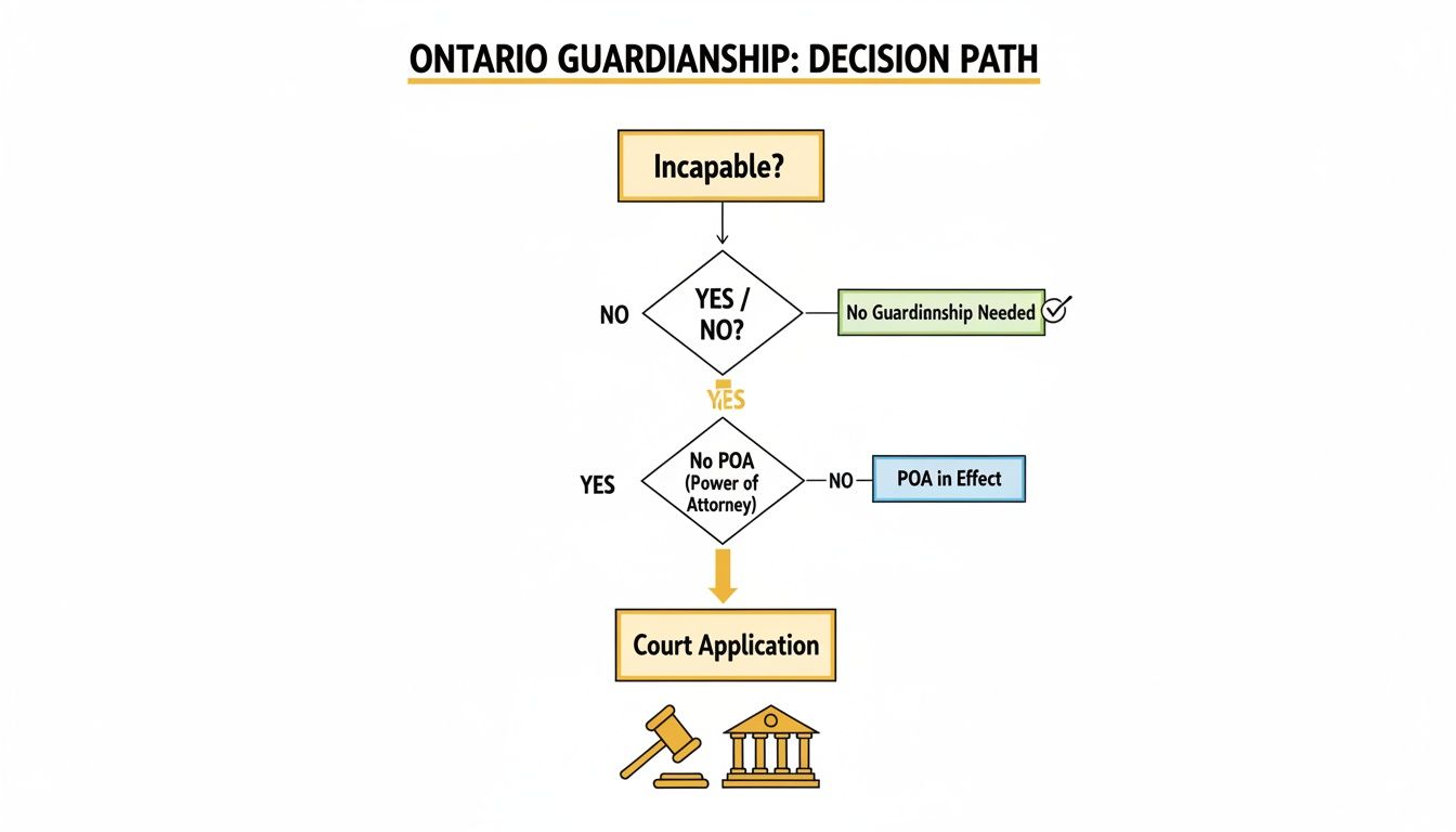 A flowchart illustrating the Ontario Guardianship Decision Path, starting with 'Incapable?' and ending with 'Court Application'.
