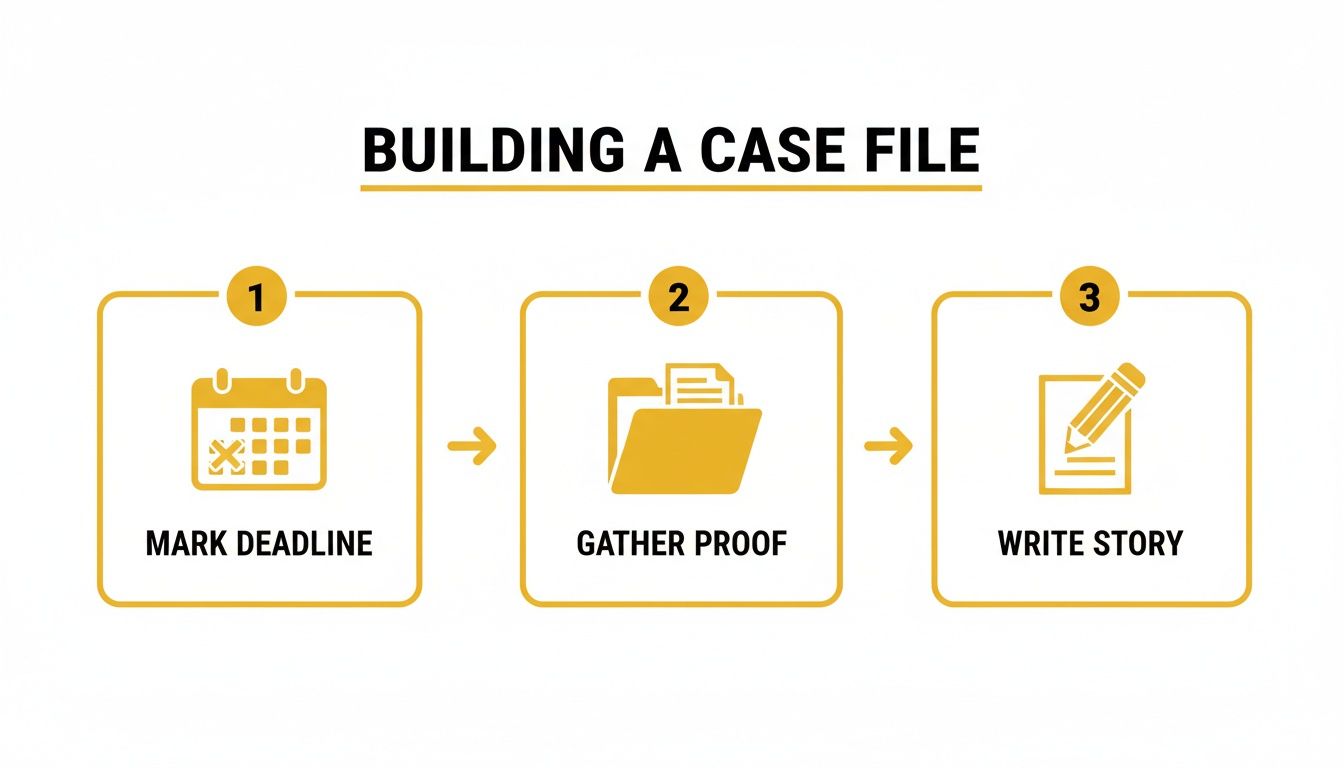 A three-step infographic demonstrating how to build a case file: mark deadline, gather proof, and write story.