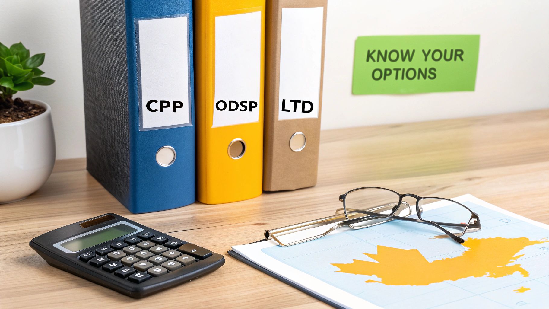 Desk with binders for CPP, ODSP, LTD, a calculator, map, and a 'Know Your Options' note.