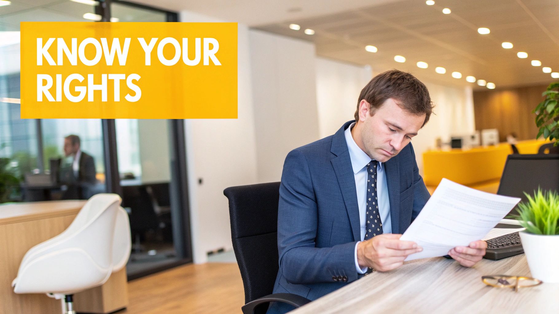 A professional lawyer reviewing documents at a desk with a laptop and plants in the background.