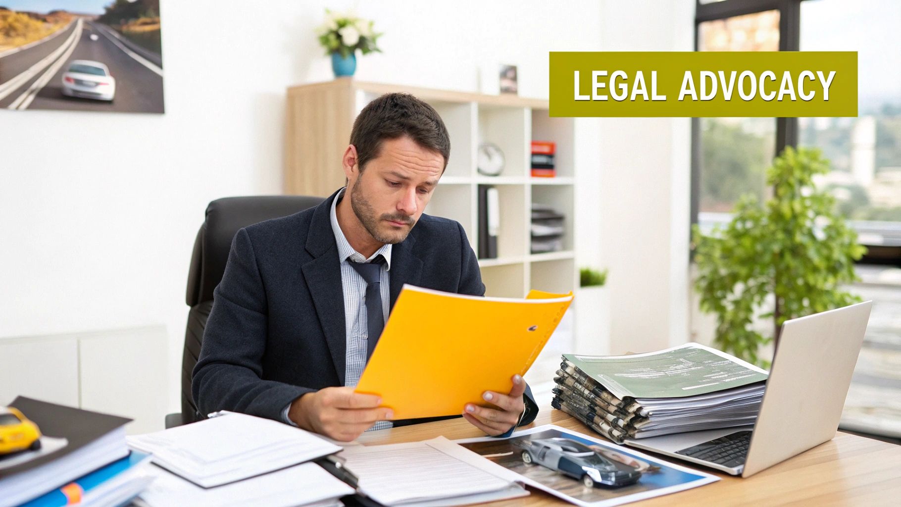 A lawyer reviewing legal documents and claim forms at a desk