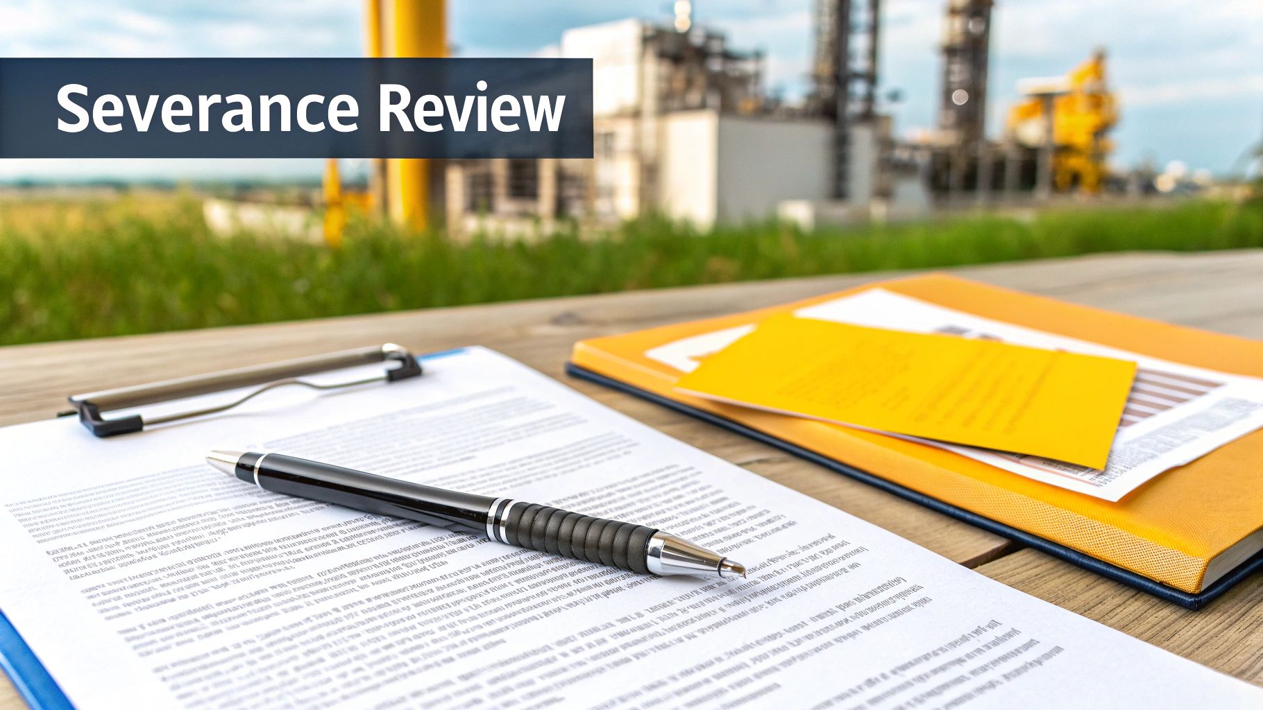 A person sitting at a desk, reviewing a document that looks like a termination letter or severance agreement.