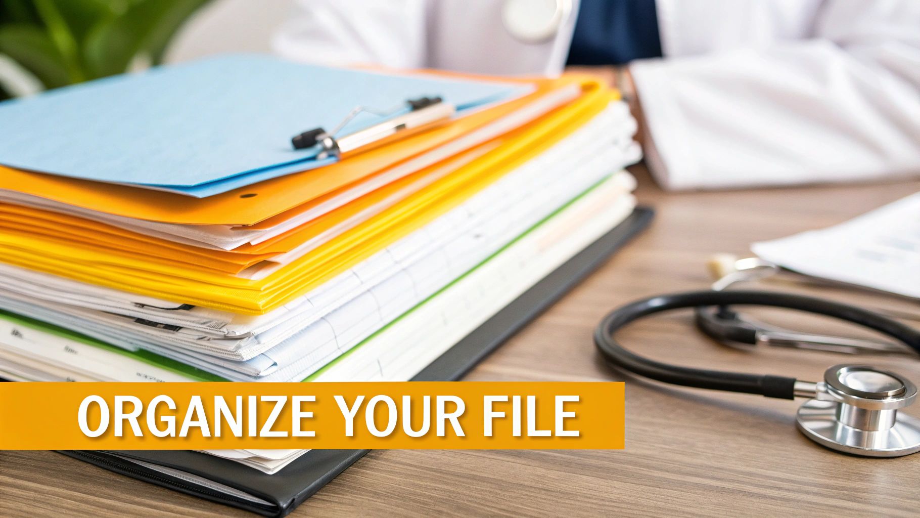 A stack of colorful medical files and folders on a doctor's desk next to a stethoscope, encouraging organization.