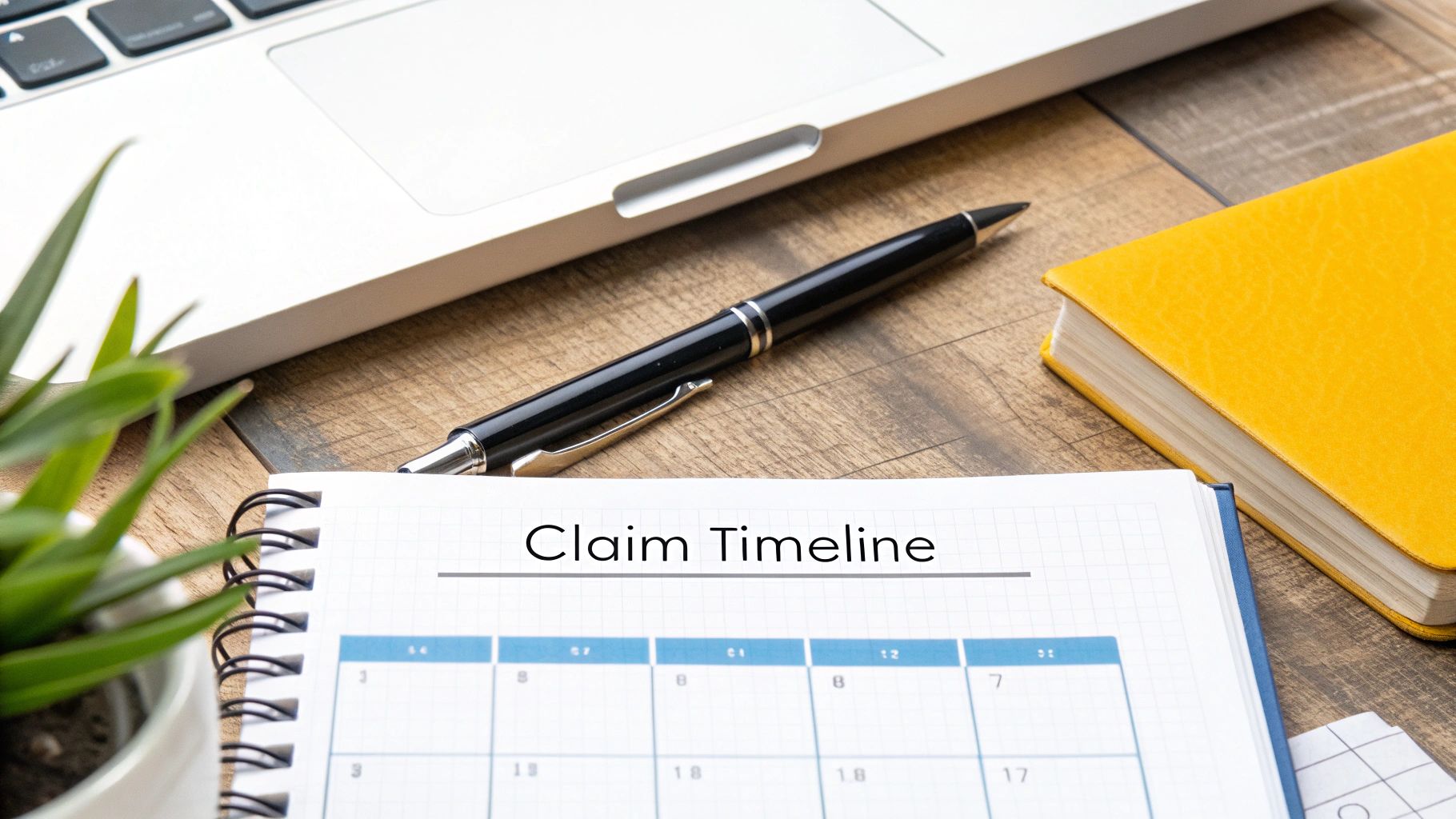 A pen lies on a wooden desk next to a laptop and an open notebook displaying 'Claim Timeline' and a calendar.