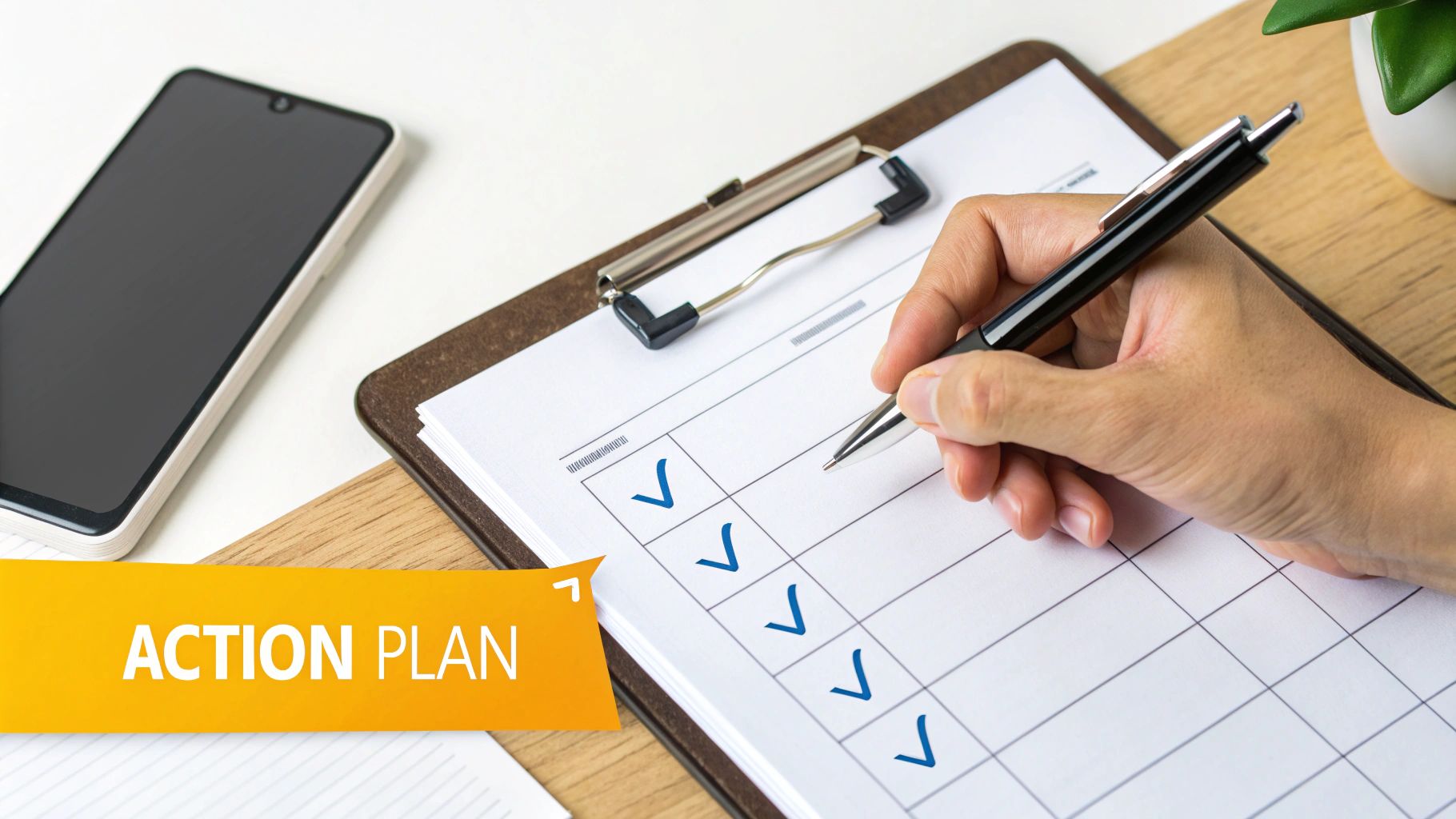 A hand holds a pen, checking off tasks on an "ACTION PLAN" checklist on a clipboard. A smartphone is nearby.
