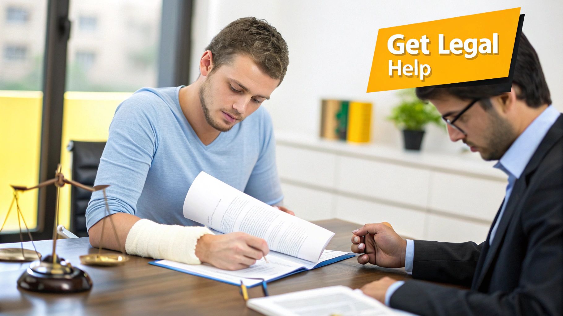A man with a bandaged arm signs legal documents with a lawyer, suggesting an injury claim.