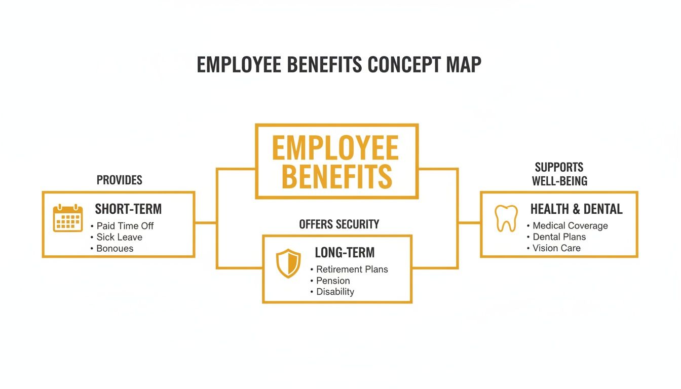 An employee benefits concept map illustrating short-term, long-term, and health and dental benefits.