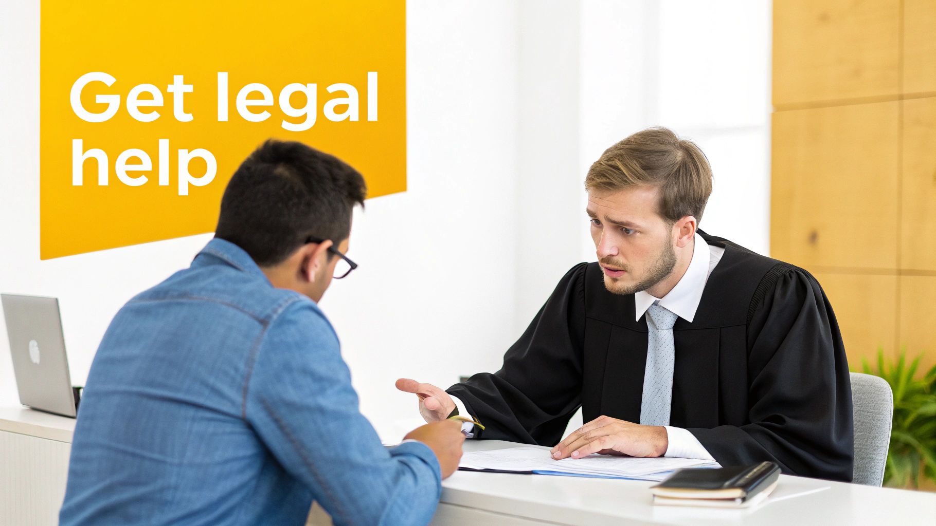 A lawyer in a black robe and light blue tie explains documents to a client seeking legal help.