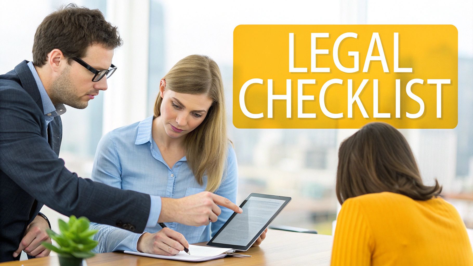 Business professionals reviewing a legal checklist on a tablet in an office setting.