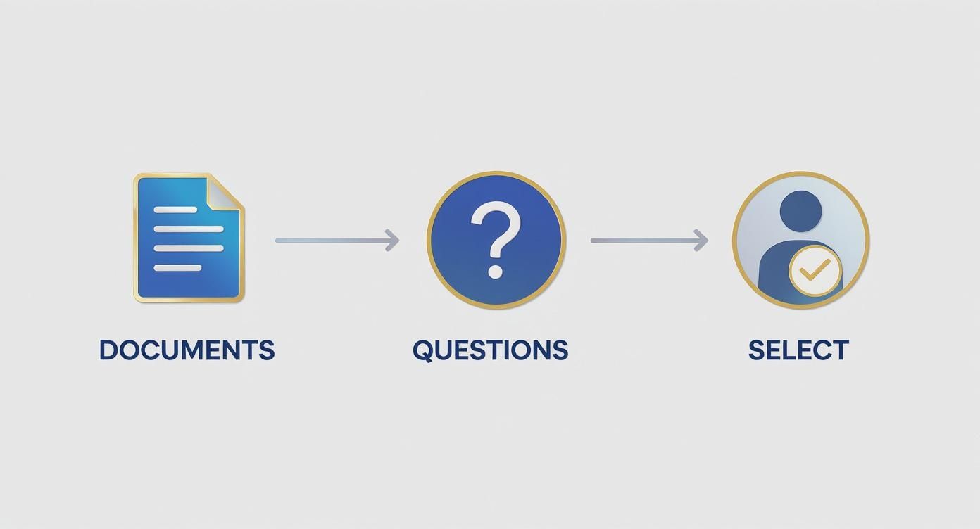 Three-step process flowchart showing documents leading to questions then final candidate selection with checkmark