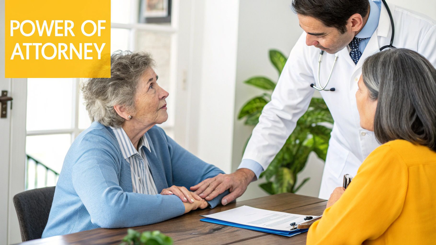 A male doctor consults an elderly woman and her relative about a power of attorney.