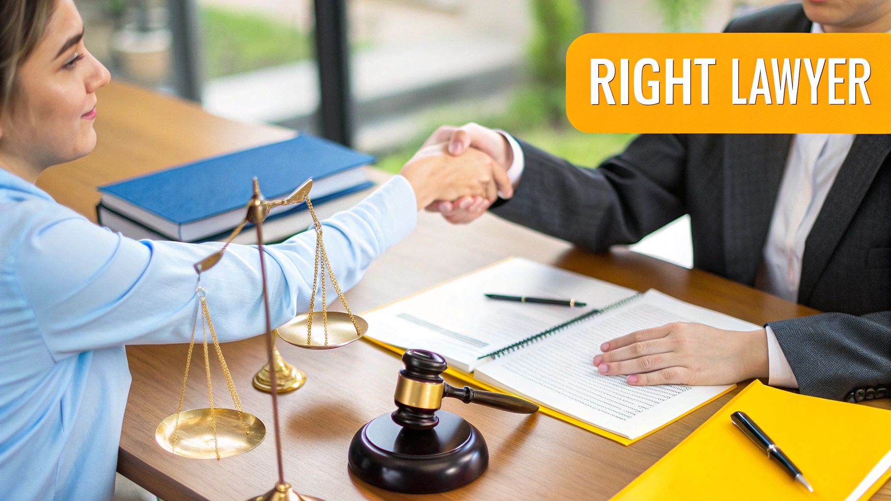 A lawyer and client sitting at a table reviewing documents together.