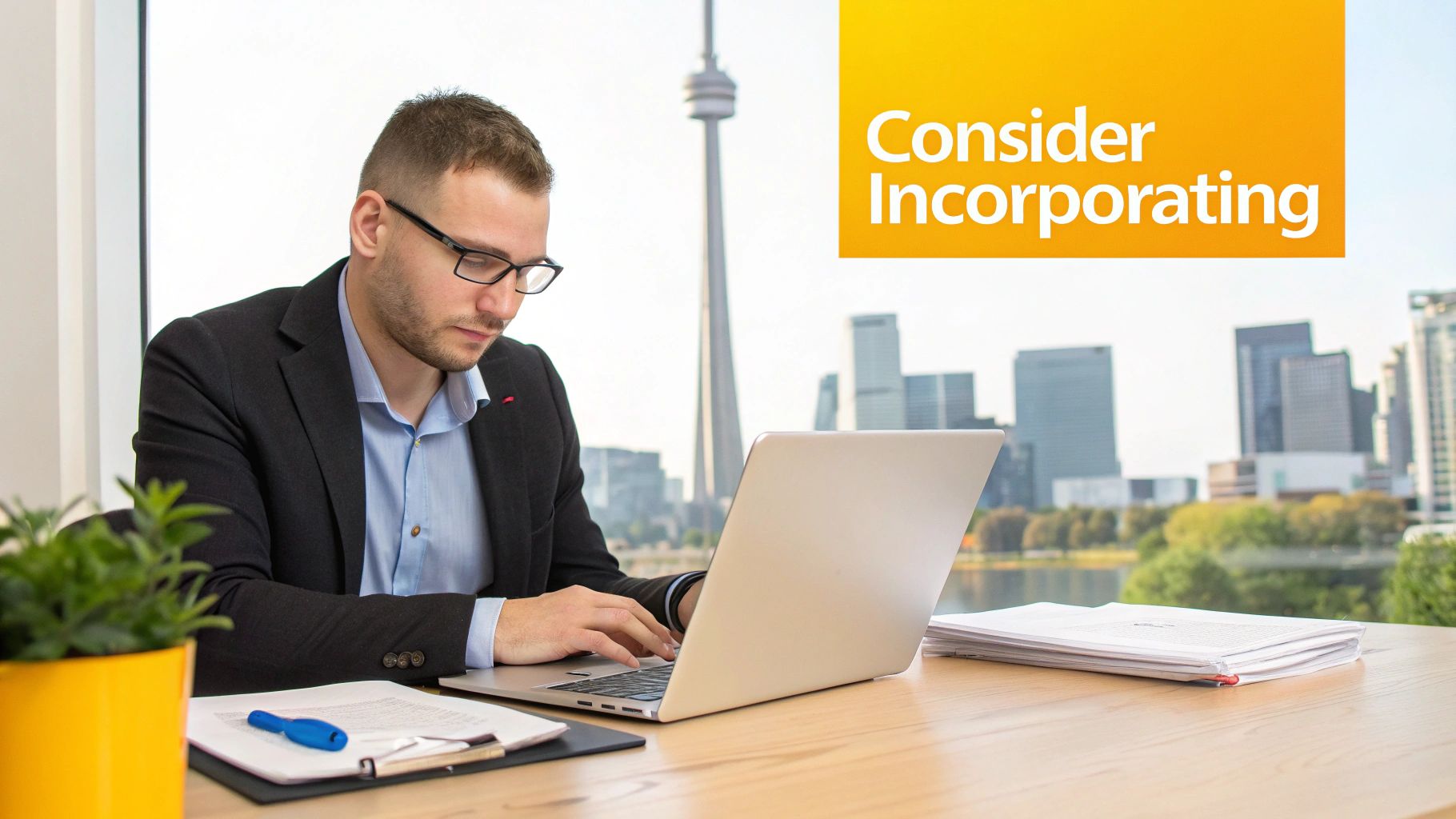 A man works on a laptop at a desk with a city skyline and "Consider Incorporating" text.