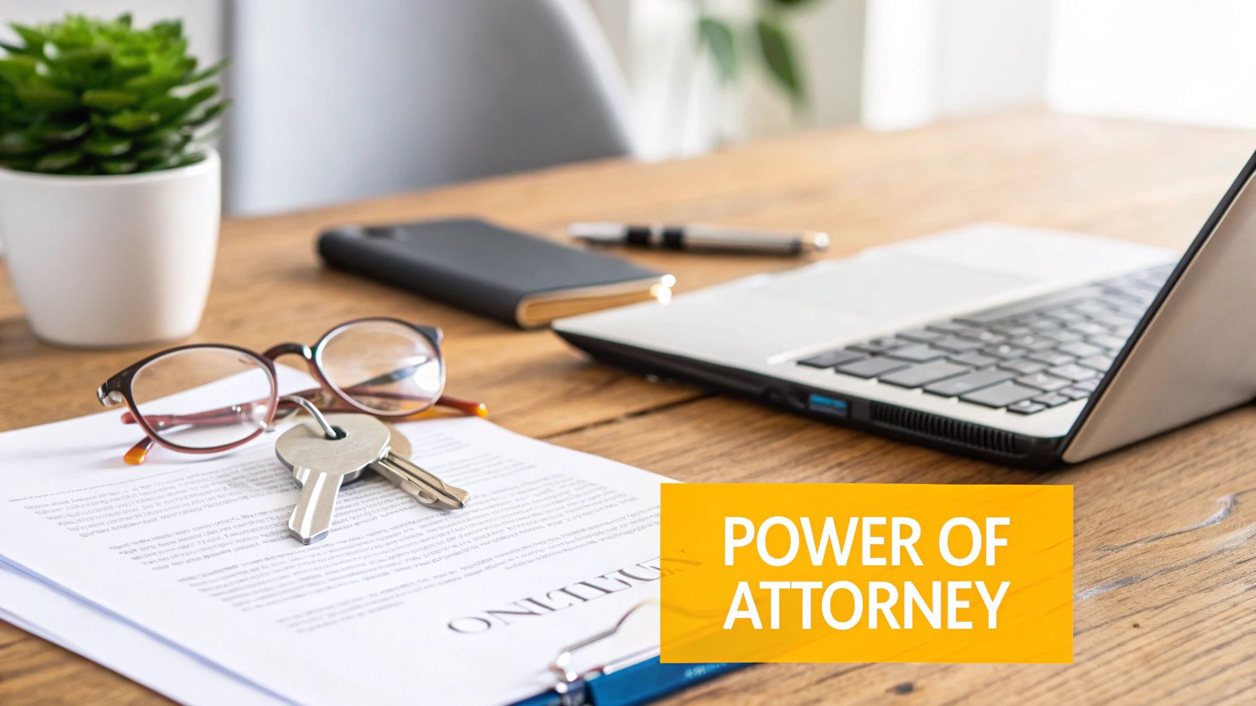 Desk with Power of Attorney document, keys, glasses, and a laptop, suggesting legal planning.