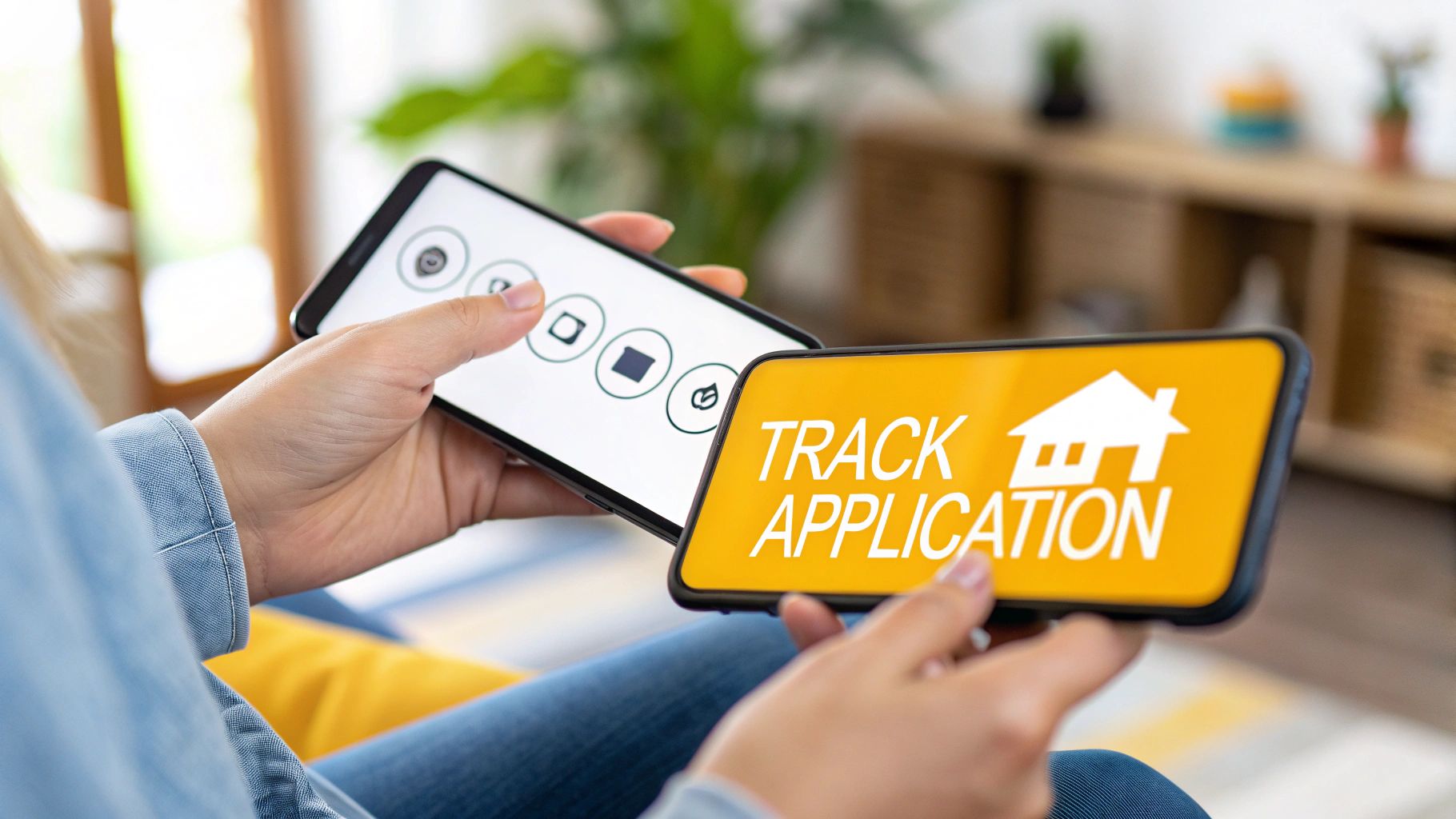 Hands holding two smartphones, one displaying app icons, the other showing 'TRACK APPLICATION' with a house symbol.
