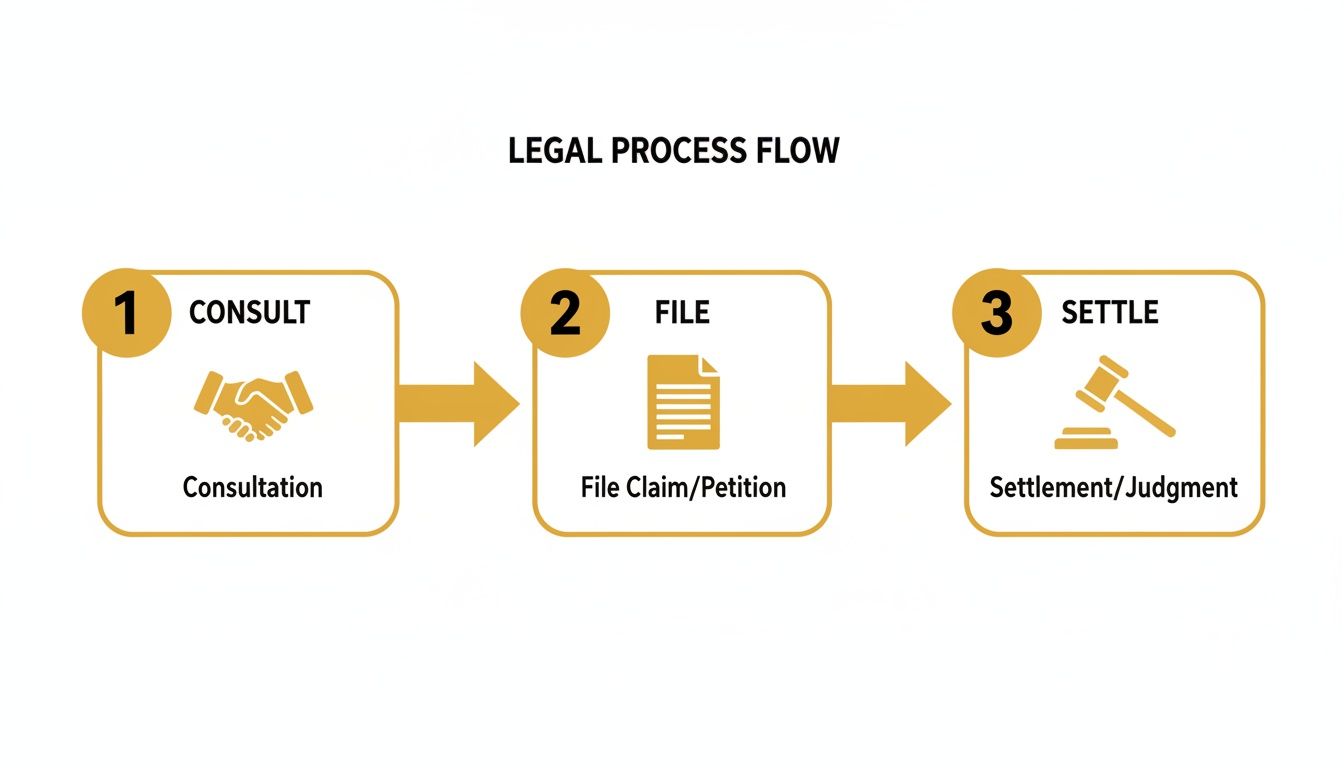 Flowchart illustrating the three main steps of a legal process: consultation, filing a claim, and settlement.