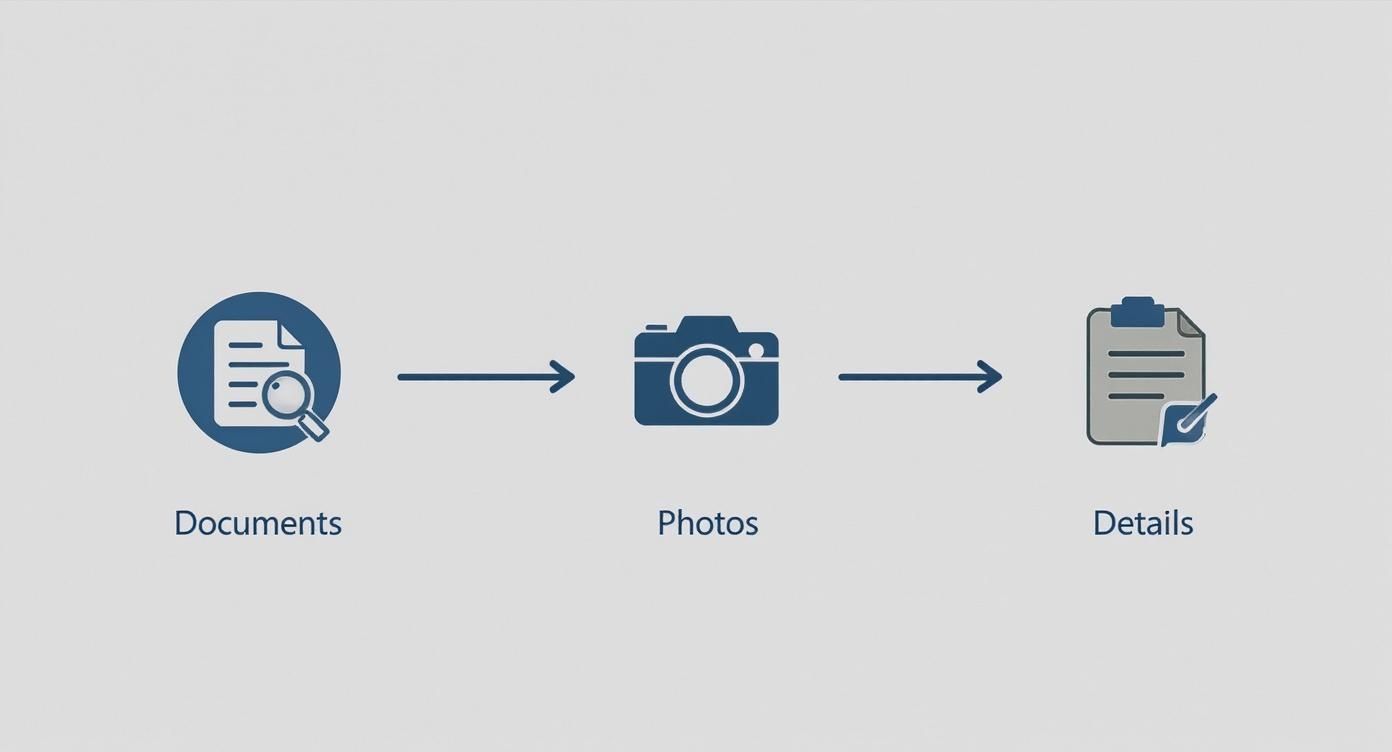 Infographic showing the process of gathering evidence: documents, photos, and details.