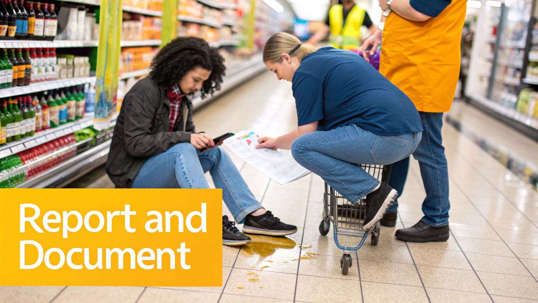 Two women and a store worker document a liquid spill on a grocery store aisle floor.