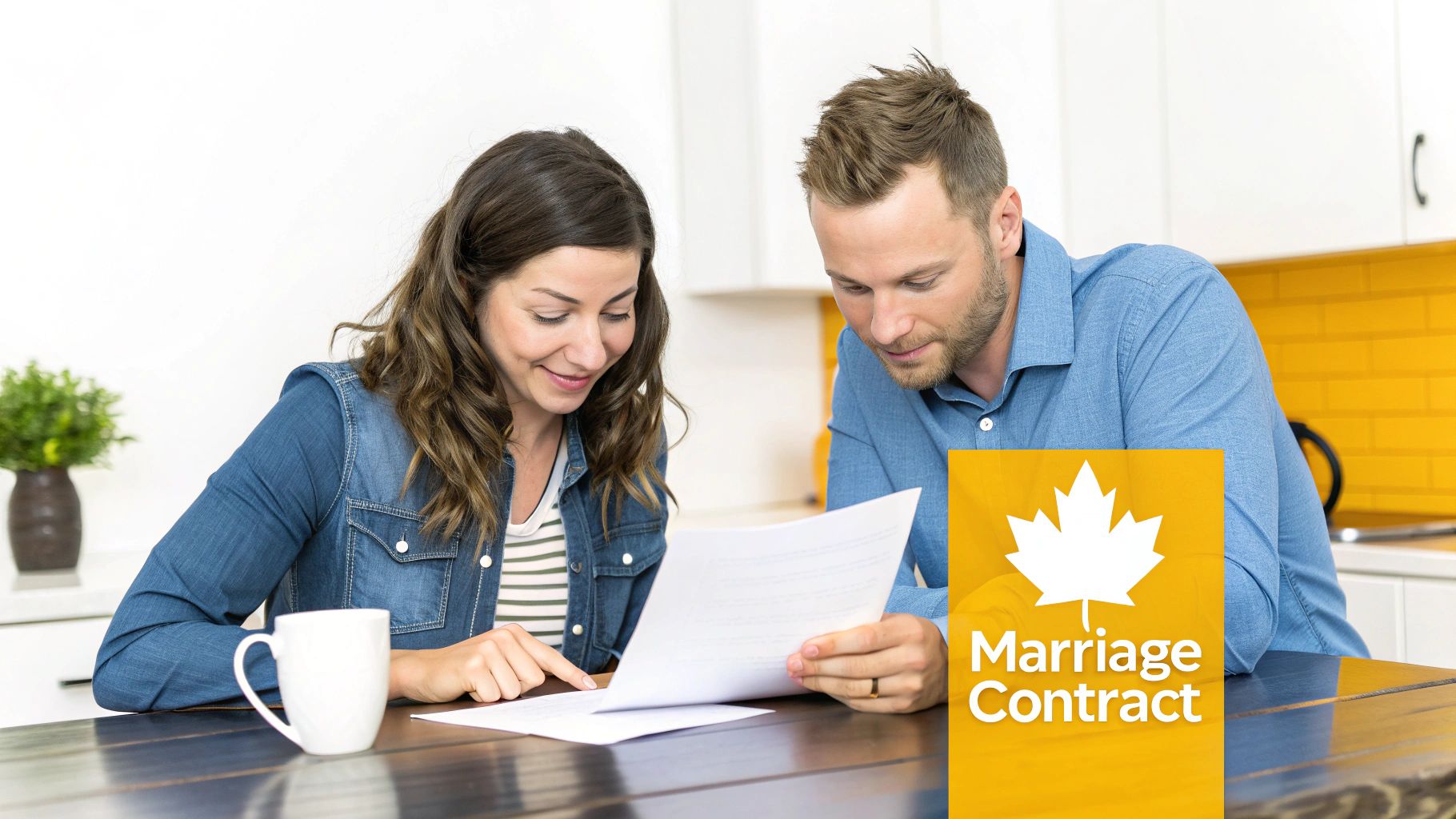 A smiling couple reviews a marriage contract document with a Canadian maple leaf logo.