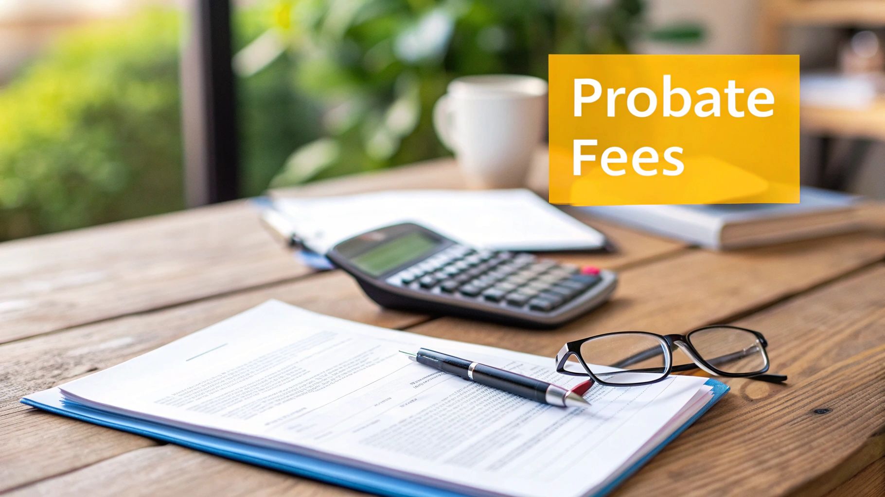 A desk setup with documents, a calculator, pen, and glasses, featuring a 'Probate Fees' text overlay.