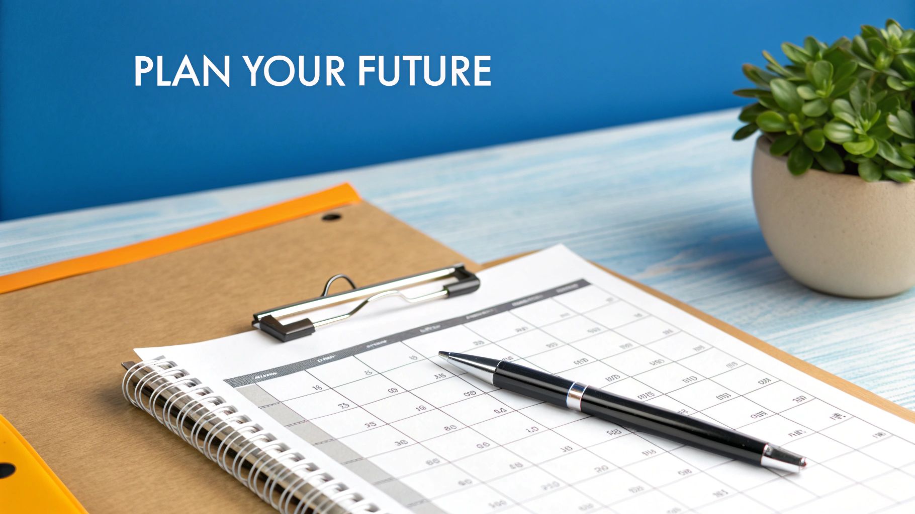 A desk with a planner, pen, and plant, featuring the text 'PLAN YOUR FUTURE' on a blue background.