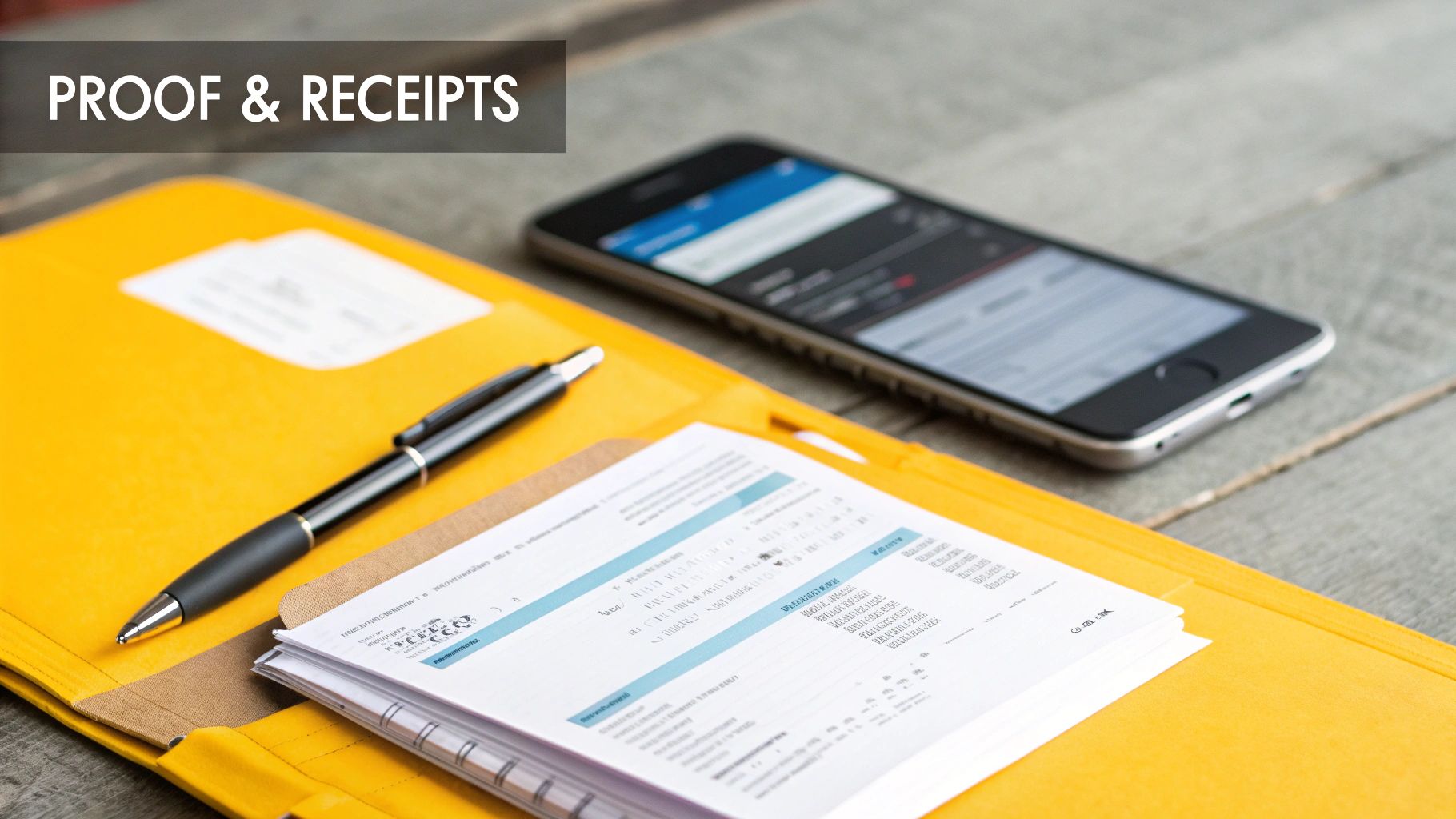 A yellow folder, pen, documents, and a smartphone on a wooden desk, labeled 'PROOF & RECEIPTS'.