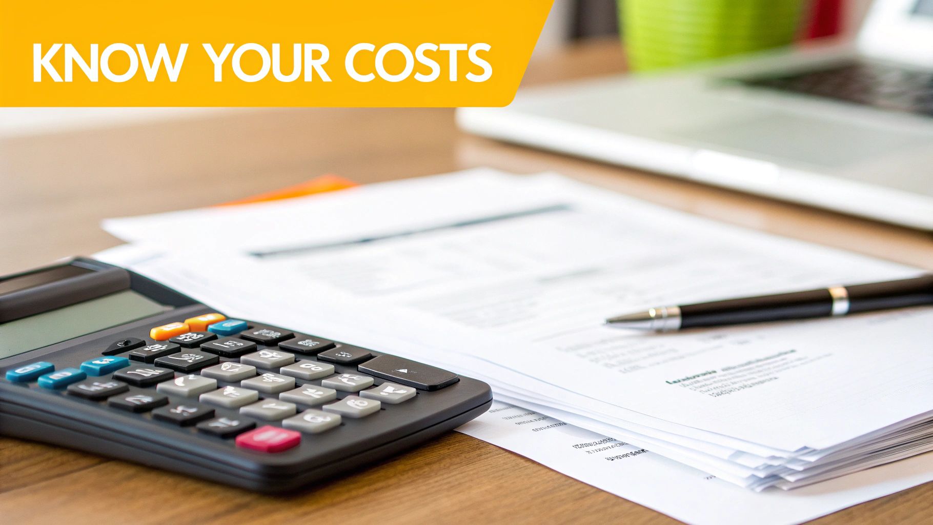 A desk with a calculator, documents, and a pen, emphasizing 'Know Your Costs' banner.