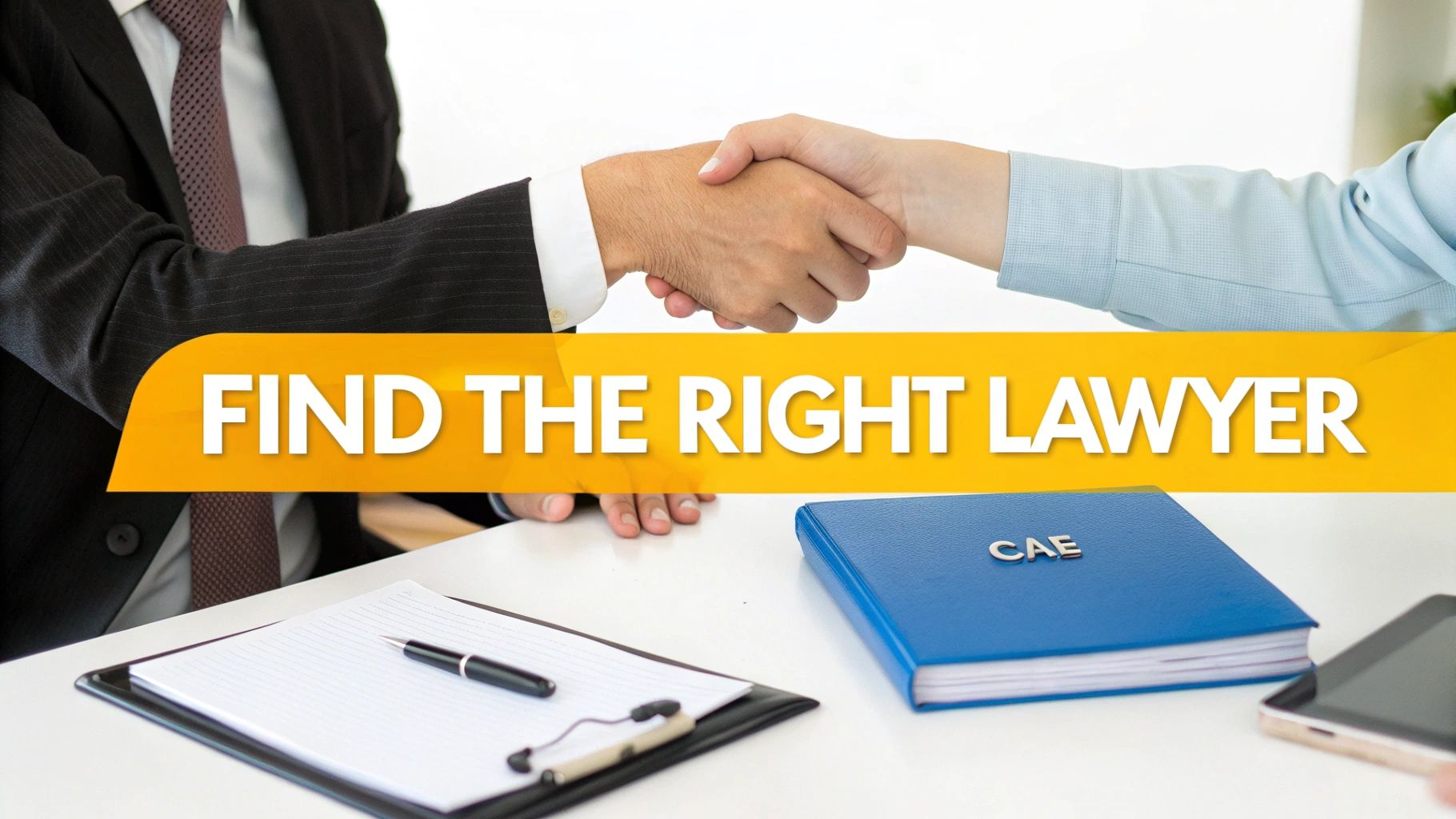 Two people shaking hands across a desk with a "FIND THE RIGHT LAWYER" banner.