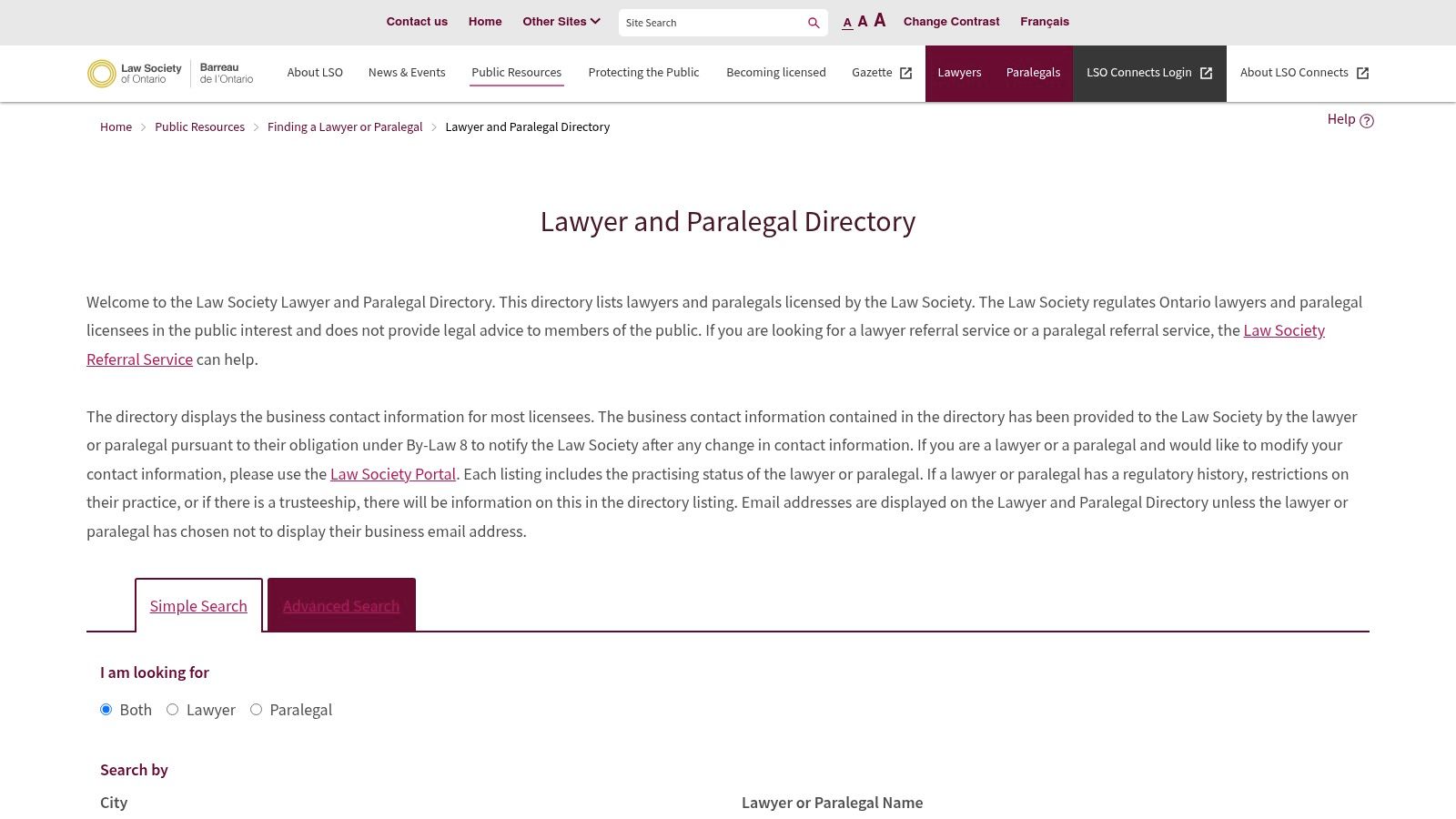Law Society of Ontario – Lawyer and Paralegal Directory