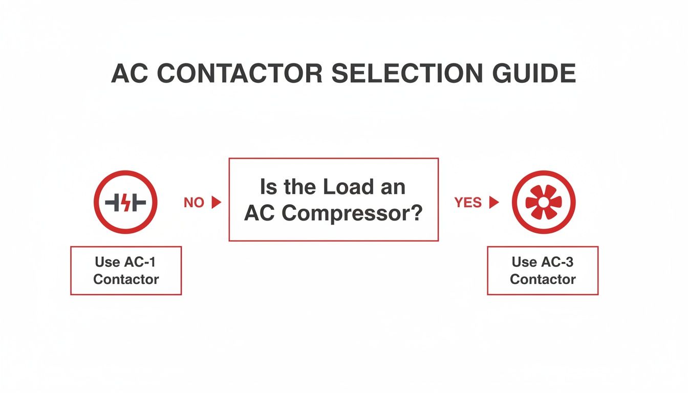 Flowchart for AC contactor selection, distinguishing between AC-1 for general loads and AC-3 for AC compressors.