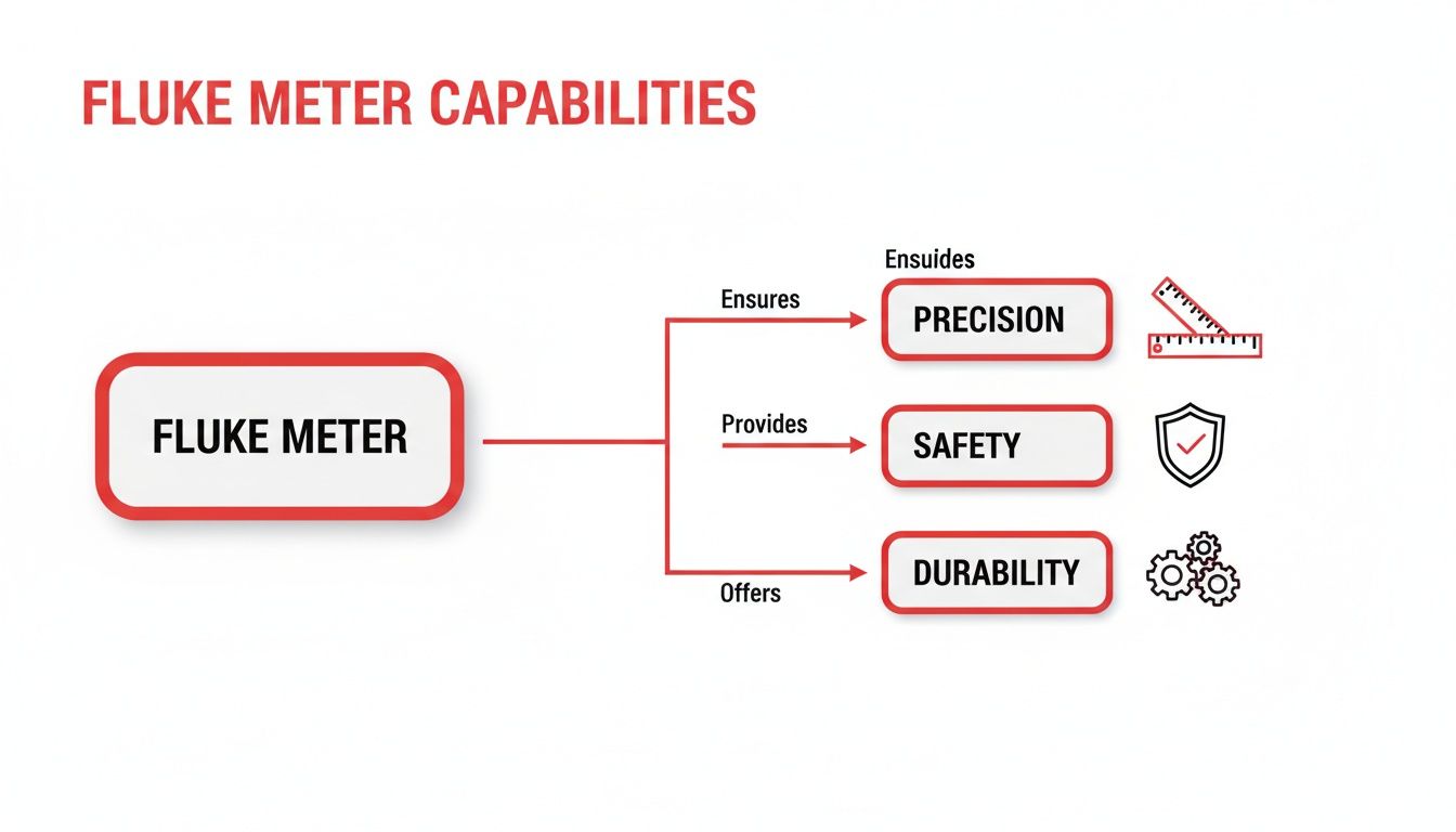 Diagram illustrating Fluke meter capabilities: ensuring precision, providing safety, and offering durability.