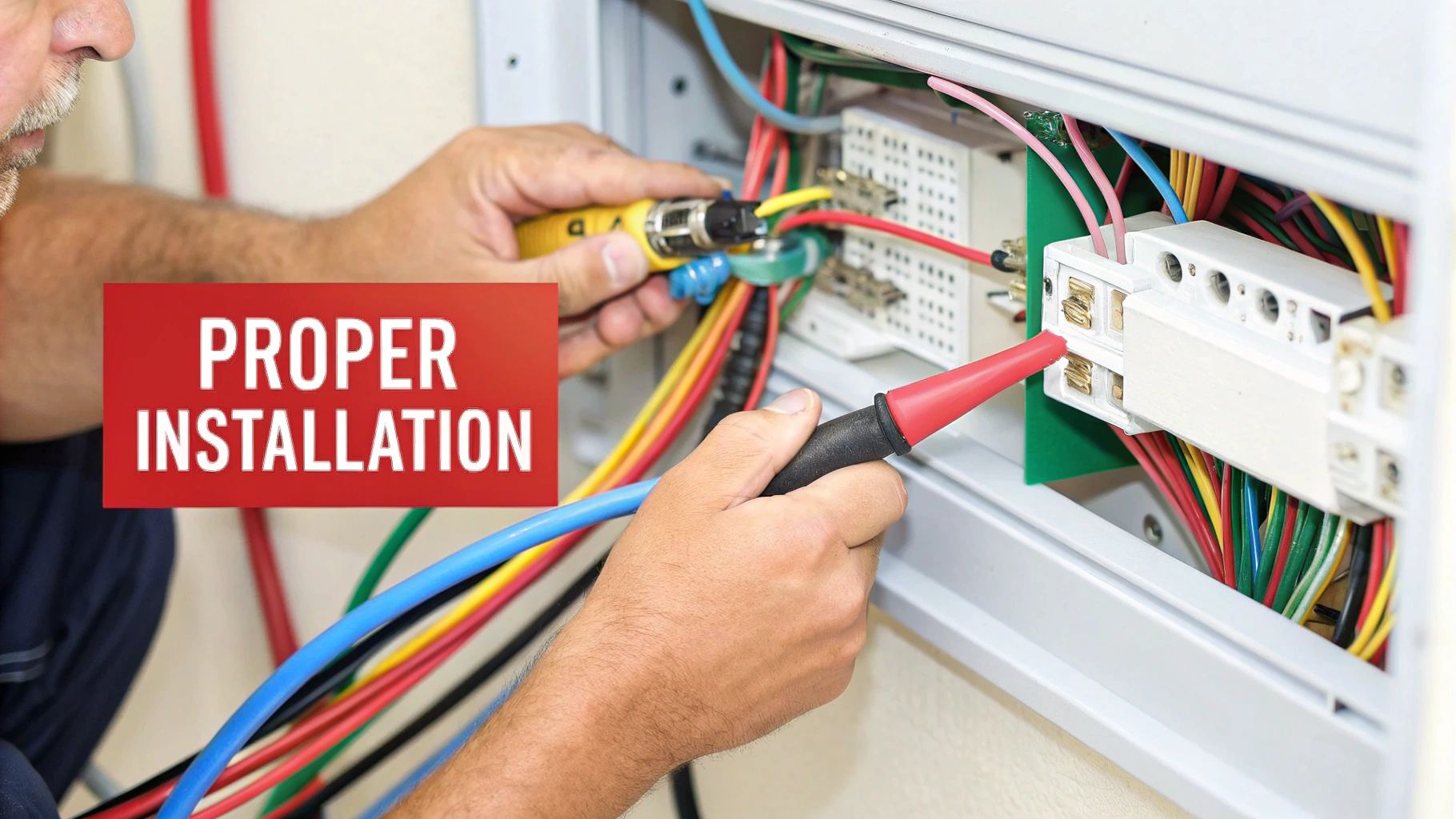 An electrician carefully installs flexible electrical tubing in an industrial setting.