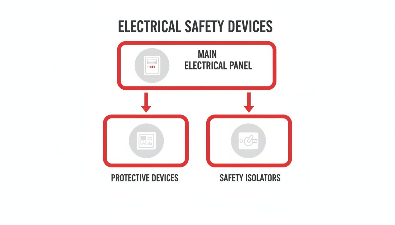 Diagram illustrating electrical safety devices: main electrical panel, protective devices, and safety isolators.