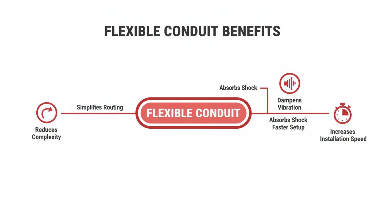 Diagram illustrating the benefits of flexible conduit, including simplified routing, vibration dampening, and faster installation.