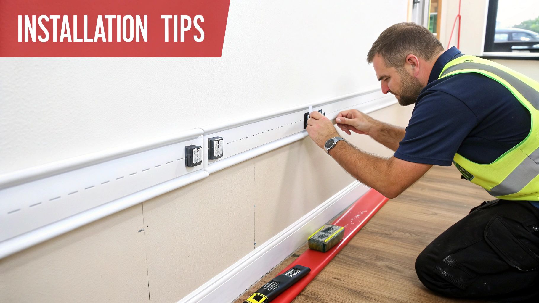 Man in hi-vis vest installing white PVC electrical trunking on a wall with power modules.