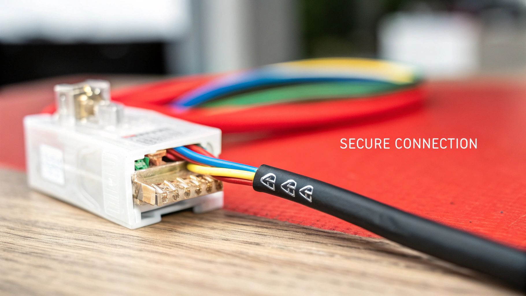 An assortment of insulated pin type lugs with red, blue, and yellow crimp barrels, showcasing various sizes for electrical wiring projects.