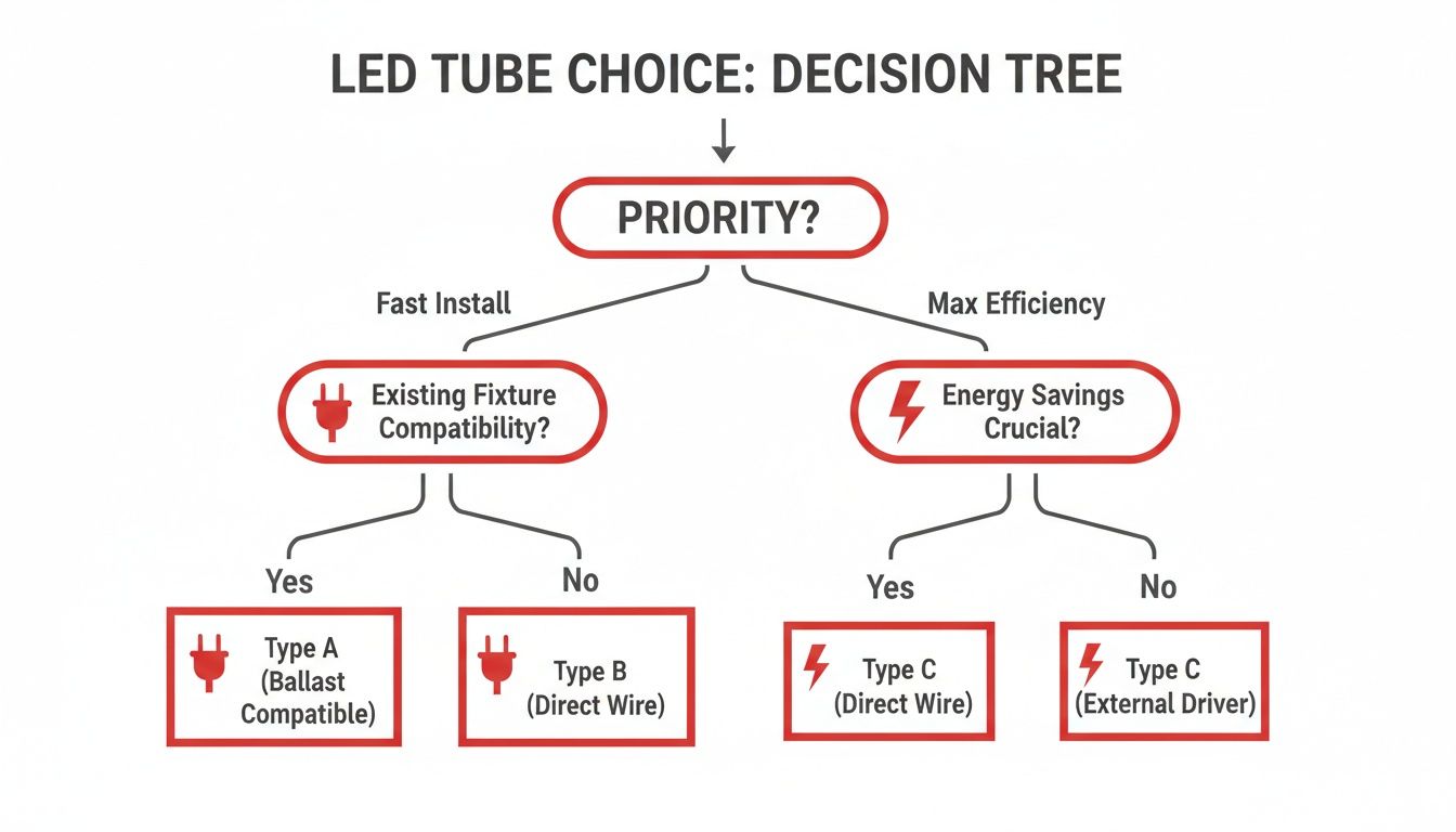 A decision tree flowchart for choosing LED tube types based on installation priority and energy efficiency.
