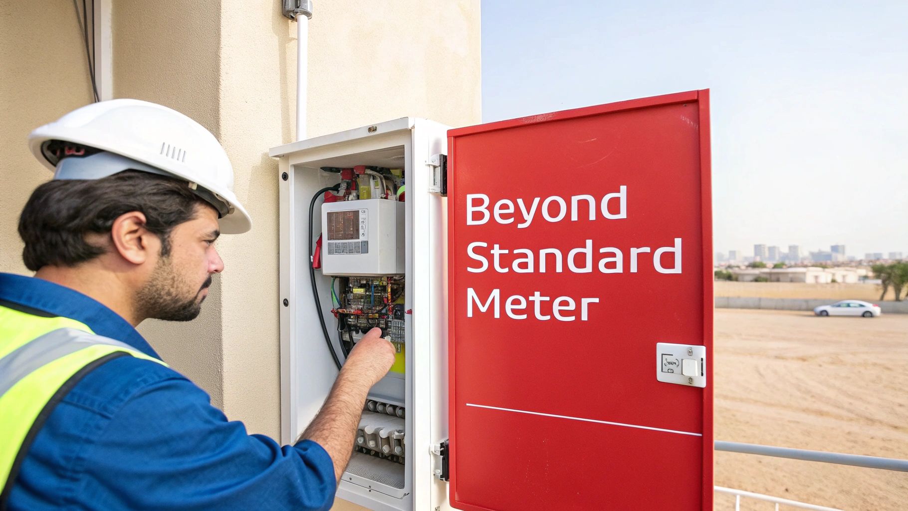 A technician in a hard hat and safety vest inspects an open electrical meter box.