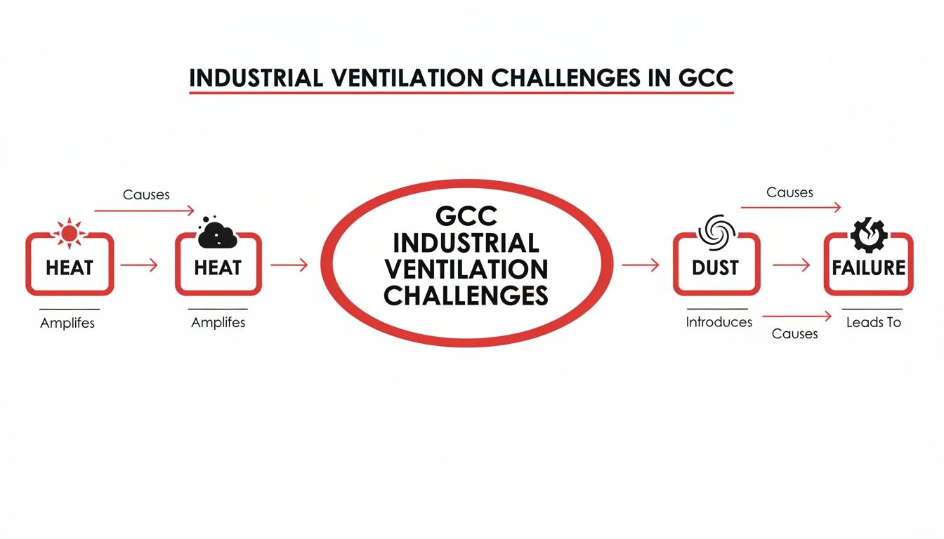 Flowchart illustrating GCC industrial ventilation challenges, showing heat amplification, dust introduction, and resulting equipment failure.