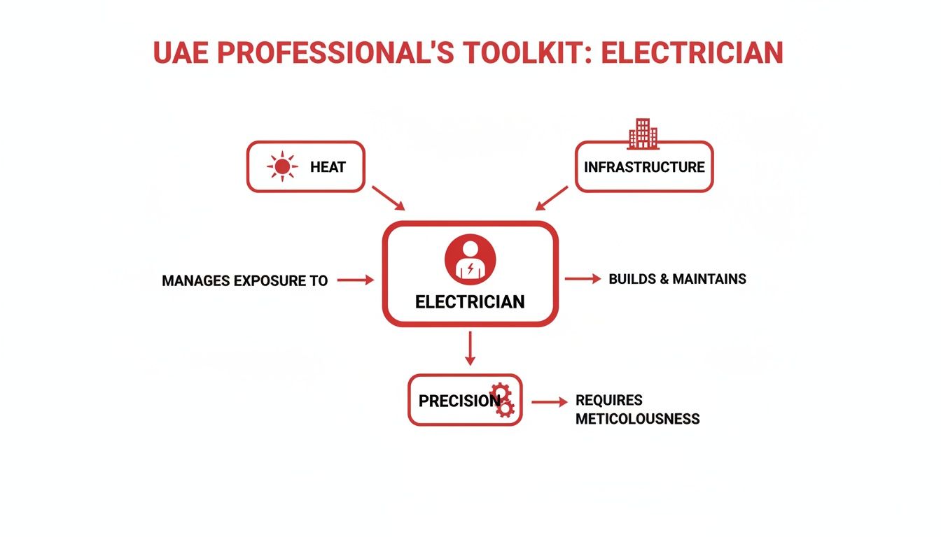 A diagram showing the UAE Professional's Toolkit for an Electrician, detailing responsibilities like managing heat and infrastructure, and requiring precision.