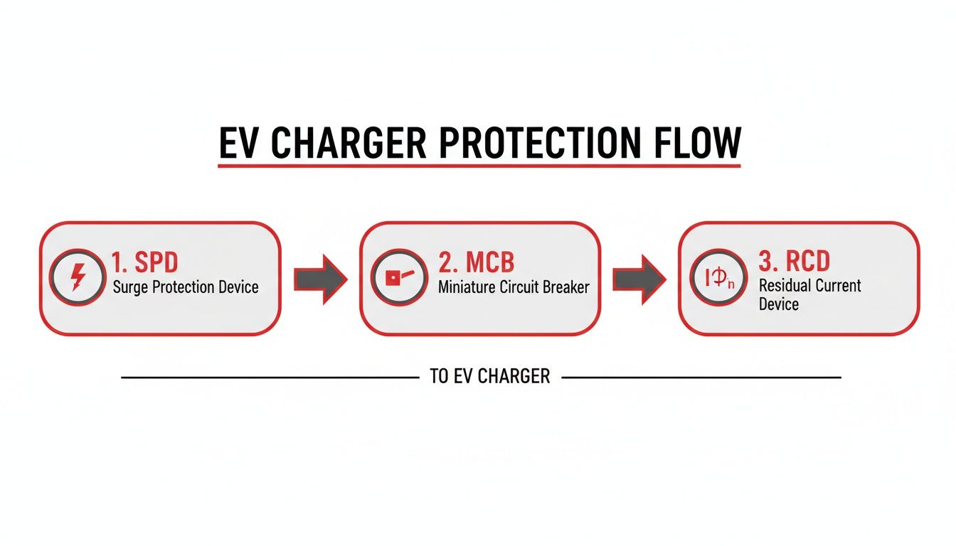 Diagram showing the essential protection flow for EV chargers: Surge, Circuit Breaker, and Residual Current Device.